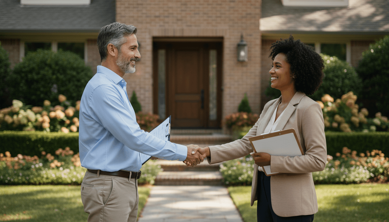 Real estate professional and homeowner shake hands outside residential property, symbolizing successful property purchase agreement Real estate professional and homeowner shake hands outside residential property, symbolizing successful property purchase agreement